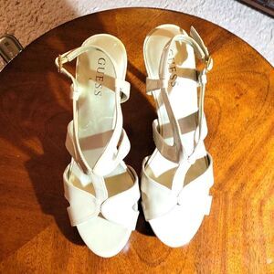GUESS NUDE PATENT LEATHER SLINGBACK STRAPPY CORK  HIGH HEEL STILETTOS SANDAL